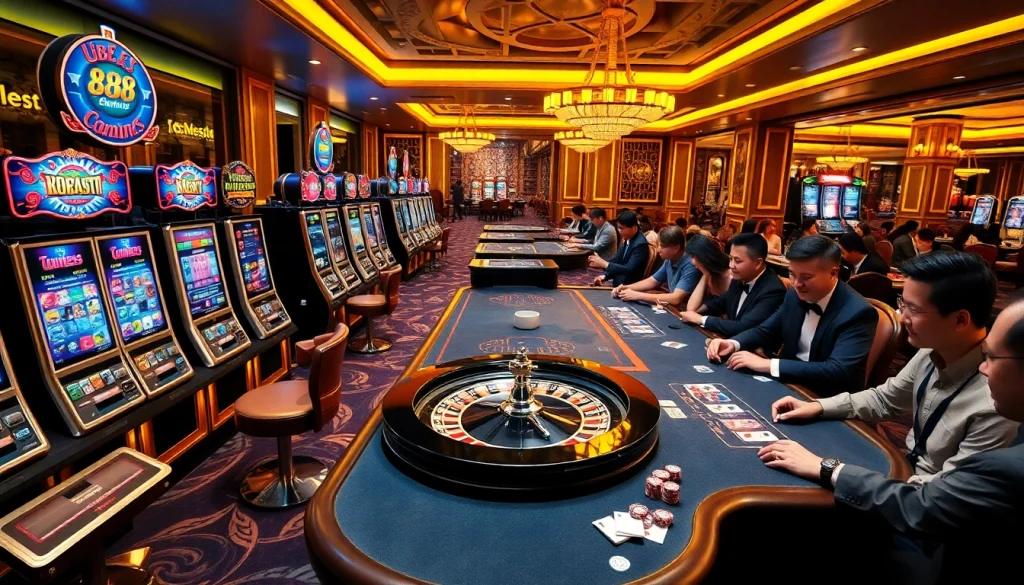 Gamblers winning big at U888 casino with colorful slot machines and a roulette wheel.