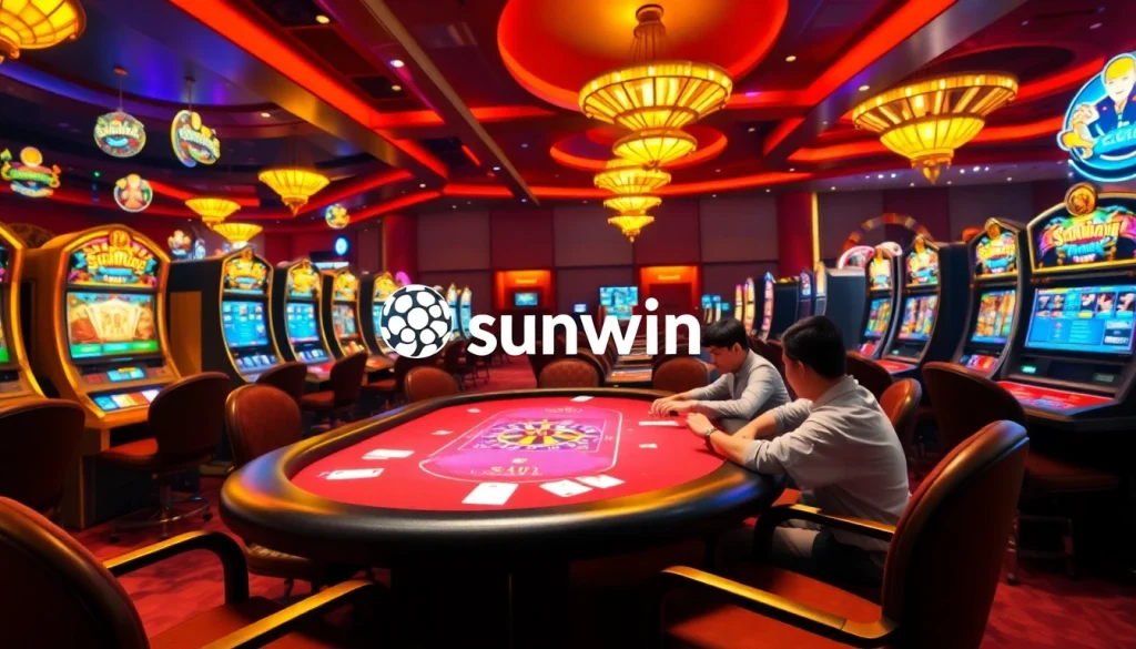 Exciting gameplay at Sunwin's luxurious casino tables with vibrant slot machines and poker chips.