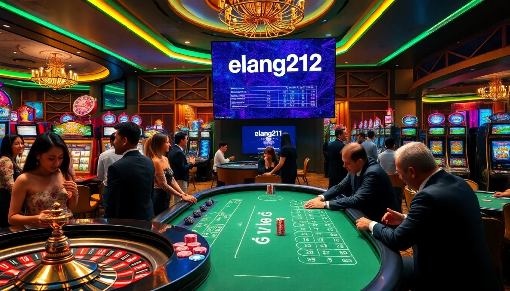 Engaged players at a high-stakes casino featuring elang212, poker chips, and slot machines.