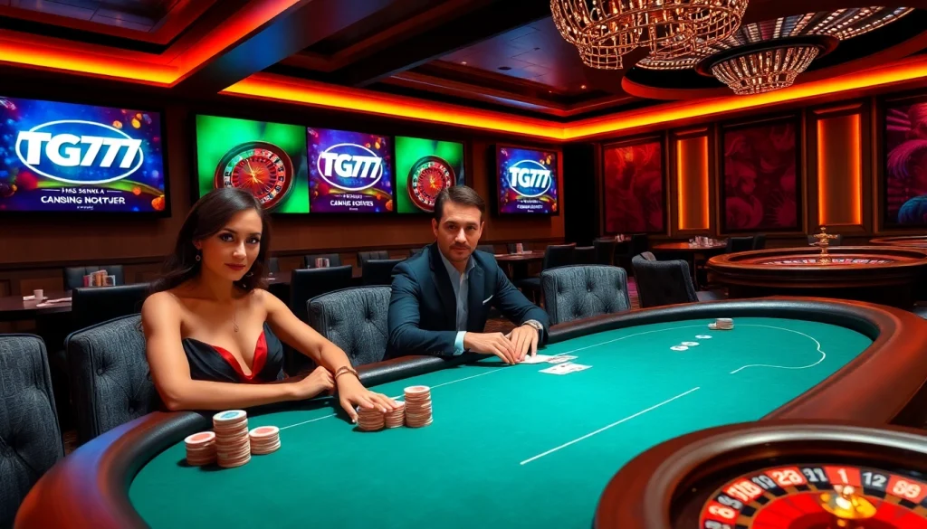 TG777 players enjoying an exciting high-stakes poker game in a luxurious casino setting.