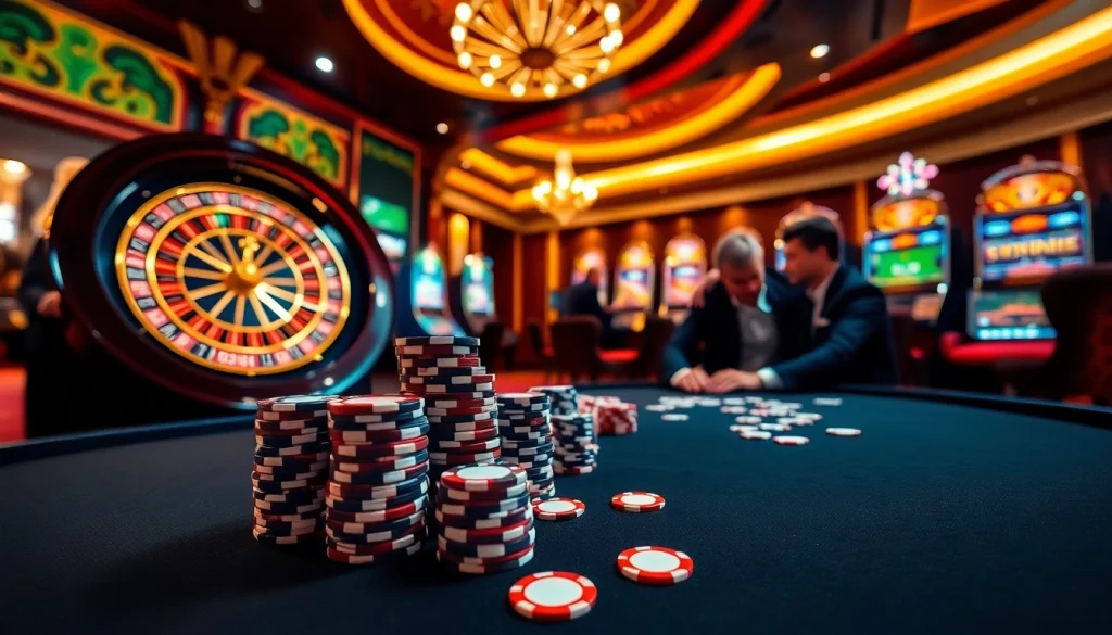 Thrilling action at https://luckywin.name with players strategizing over poker chips in a vibrant casino scene.