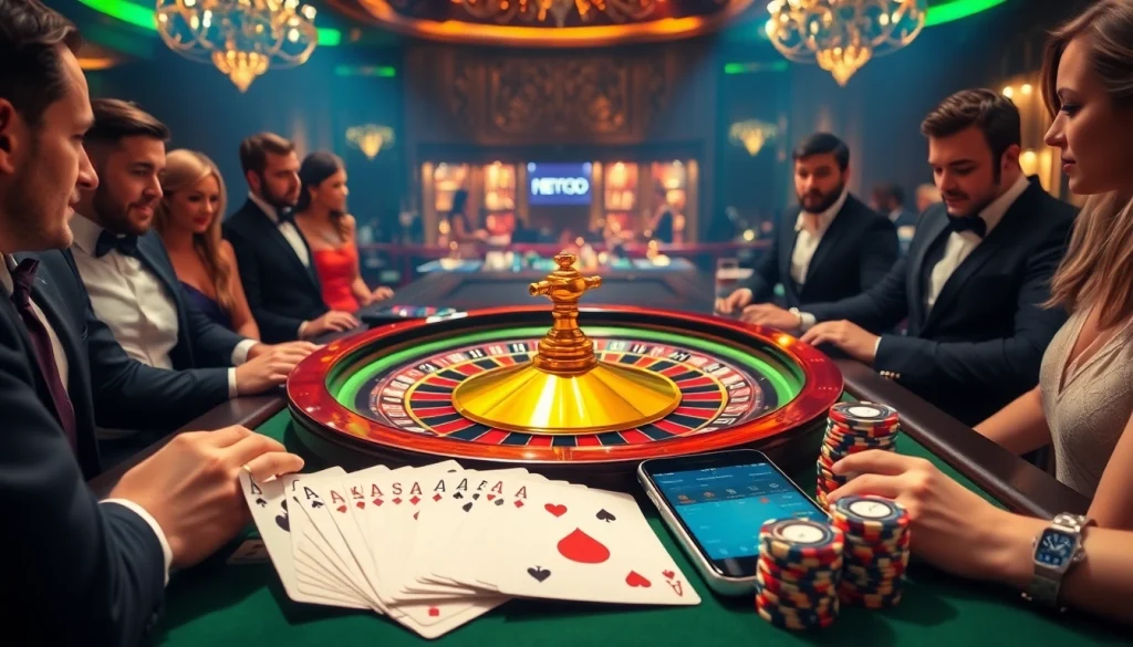 Players engaging with the mmoo app amidst a lively casino scene, featuring roulette and poker elements.