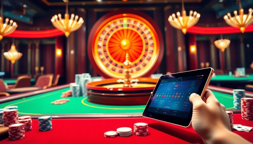 A vibrant casino scene showcasing a roulette wheel and poker action from https://www.6rwin55.com/, engaging gamblers at the table.