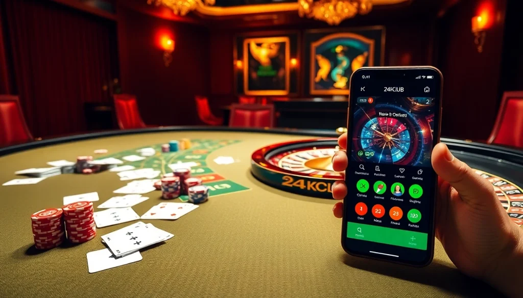 Trải nghiệm các trận chơi đầy hồi hộp tại 24kclub với bàn casino sống động và hình ảnh ứng dụng 24kclub tương tác.