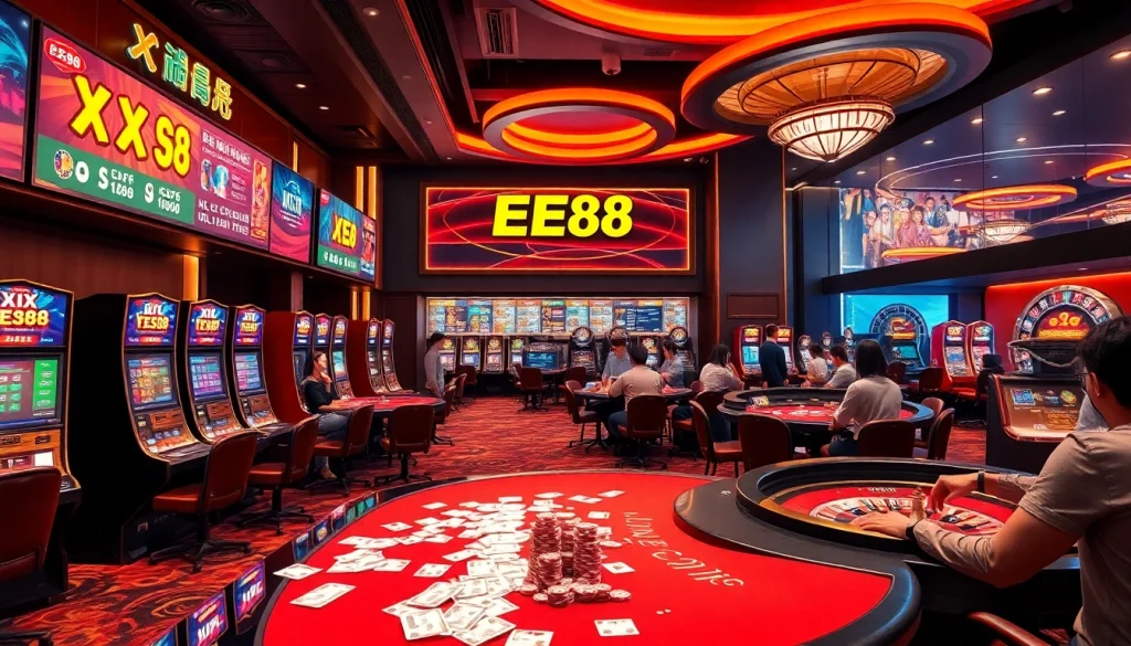 Xổ số ee88 players engaging with lottery games in a lively casino atmosphere.