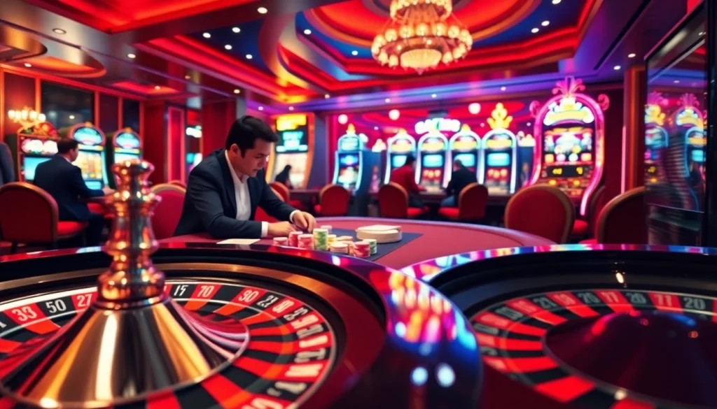 Exciting gambling scene featuring players engaged in poker and showcasing download options to tải hitclub.