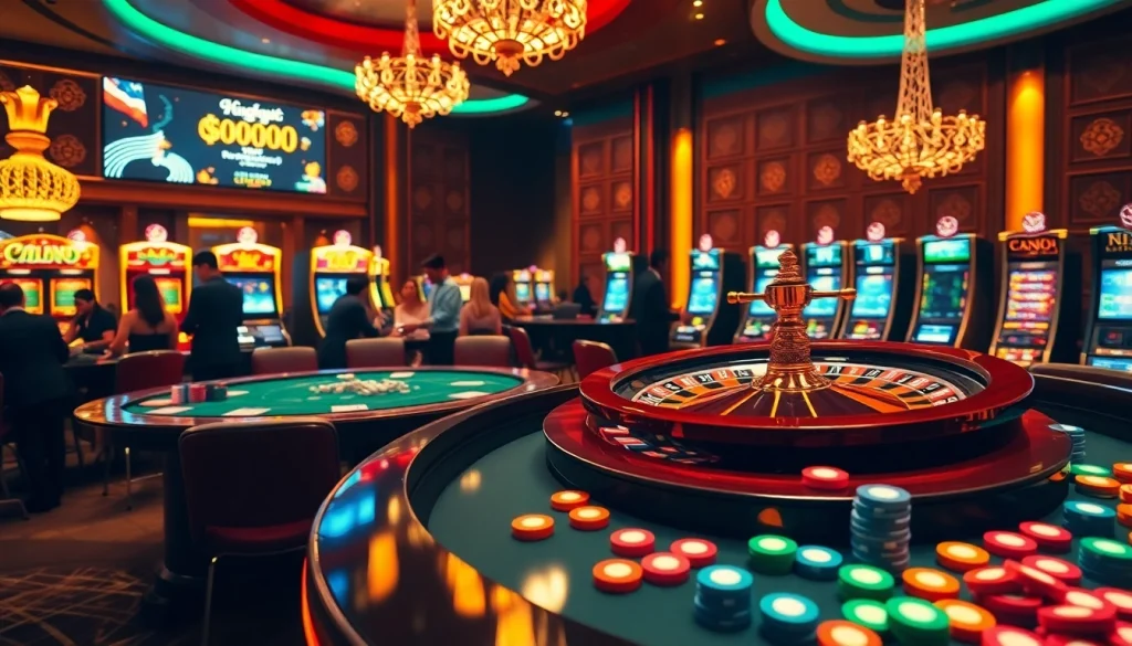 Engaging gamblers with hình ảnh của king88 showcasing a luxurious casino atmosphere with roulette and poker.