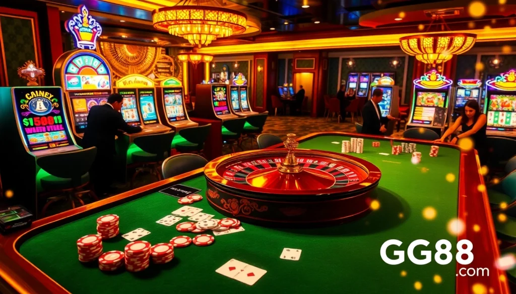 Players enjoying high-stakes games at Gg88 Com's luxurious casino setting with vibrant lighting and immersive design.