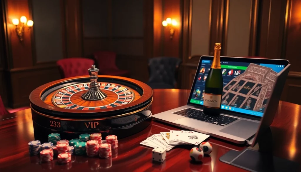 Experience 23win vip excitement with a luxurious casino atmosphere featuring roulette and poker chips.