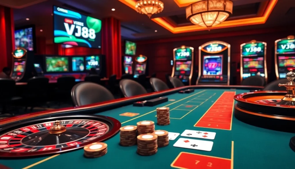 Experience the thrill of gambling with VJ88 in an elegant casino scene featuring tables, cards, and roulette wheels.