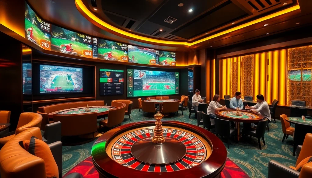 Engage in thrilling แทงบอลโลก betting within a luxurious sports lounge environment, featuring live match displays and roulette.