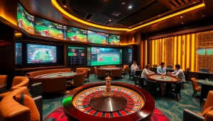 Engage in thrilling แทงบอลโลก betting within a luxurious sports lounge environment, featuring live match displays and roulette.