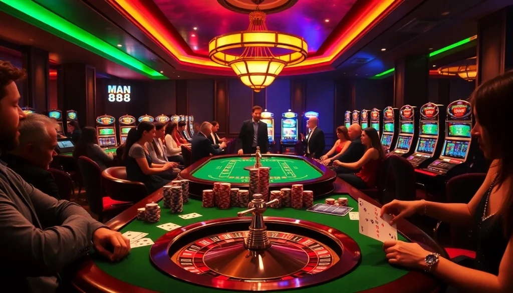 Experience the thrill of Man88 as players engage at a stylish casino table surrounded by vibrant slot machines.