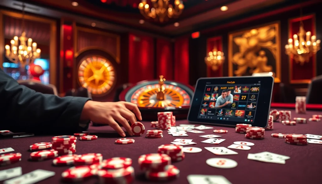 Experience the thrill of 789club with vibrant casino elements like poker chips and a roulette wheel.