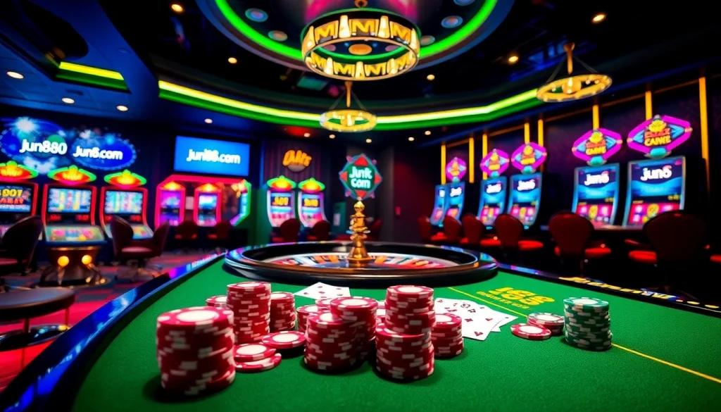 Experience the excitement of online gambling at jun88 com with luxurious gaming tables and roulette wheels.