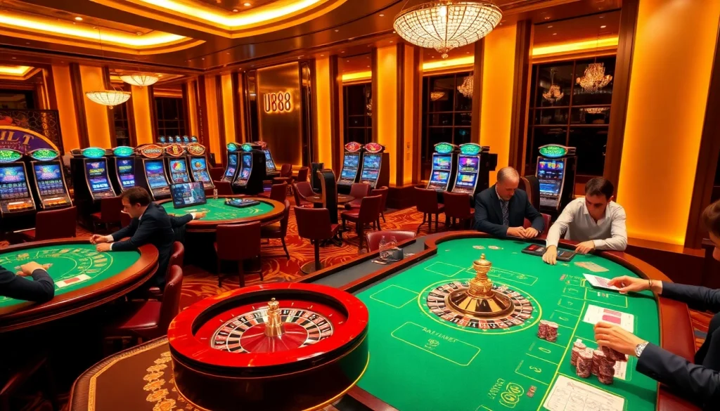 Players engage in thrilling games at U888's luxurious casino tables, capturing the excitement of gambling.