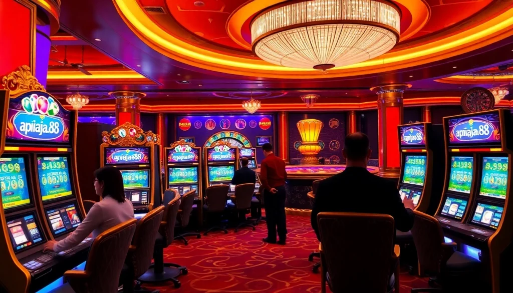 Players enjoying slot machines at apiraja88 casino with vibrant colors and exciting atmosphere.