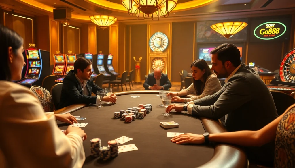 Players enjoying a Go88 poker game at a luxurious casino table, vibrant with excitement and action.