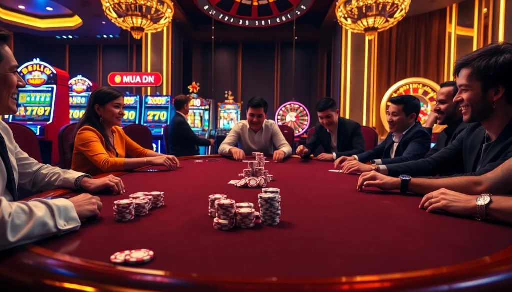 Players enjoying a high-stakes poker game at MM88 casino with luxurious chips and cards.