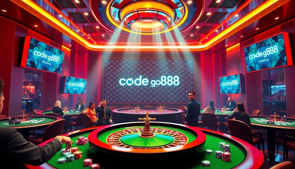Excited players engage with the vibrant casino scene, focusing on the code go88 for a thrilling gamble.