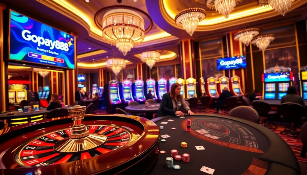 Gopay88 gaming action at a luxurious casino with poker and roulette tables.