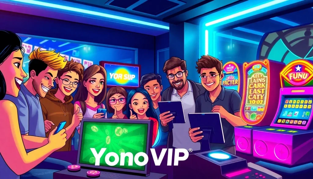 Engaging friends playing skill-based games on Yono VIP in a lively, modern gaming environment.