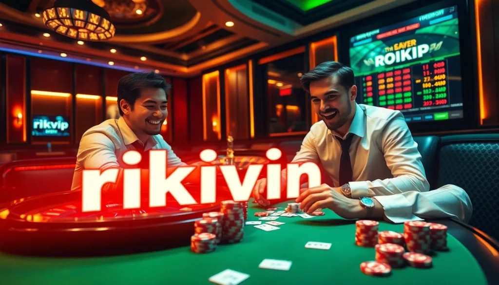 Gamblers enjoying a rich experience at a luxurious casino table featuring rikvip elements.