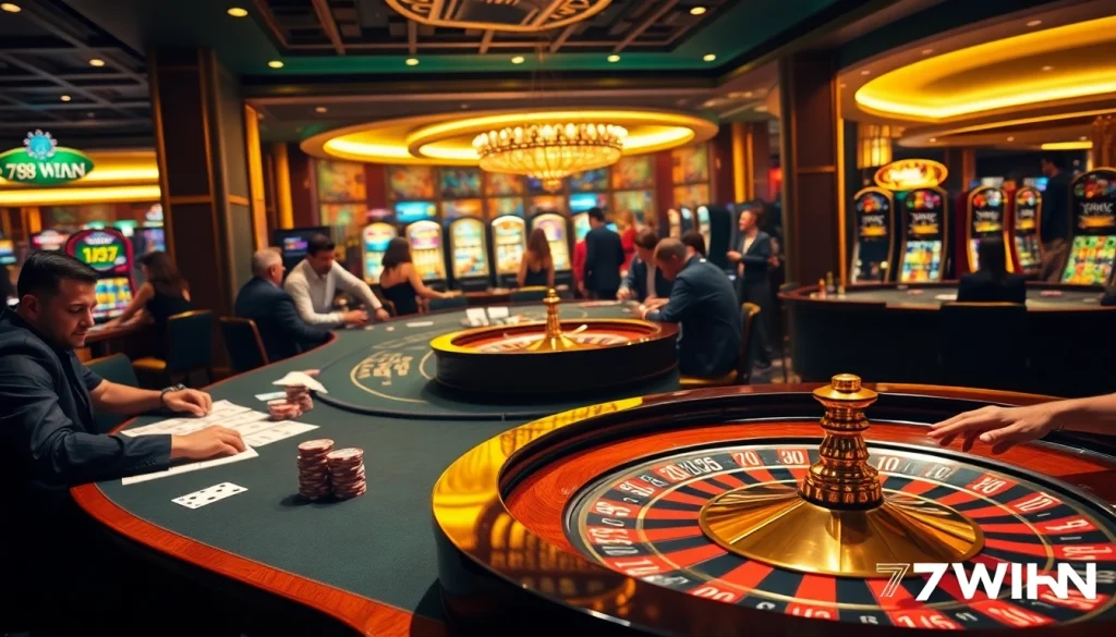 Catch the excitement at 789WIN with poker cards and roulette wheels in a luxurious casino setting.