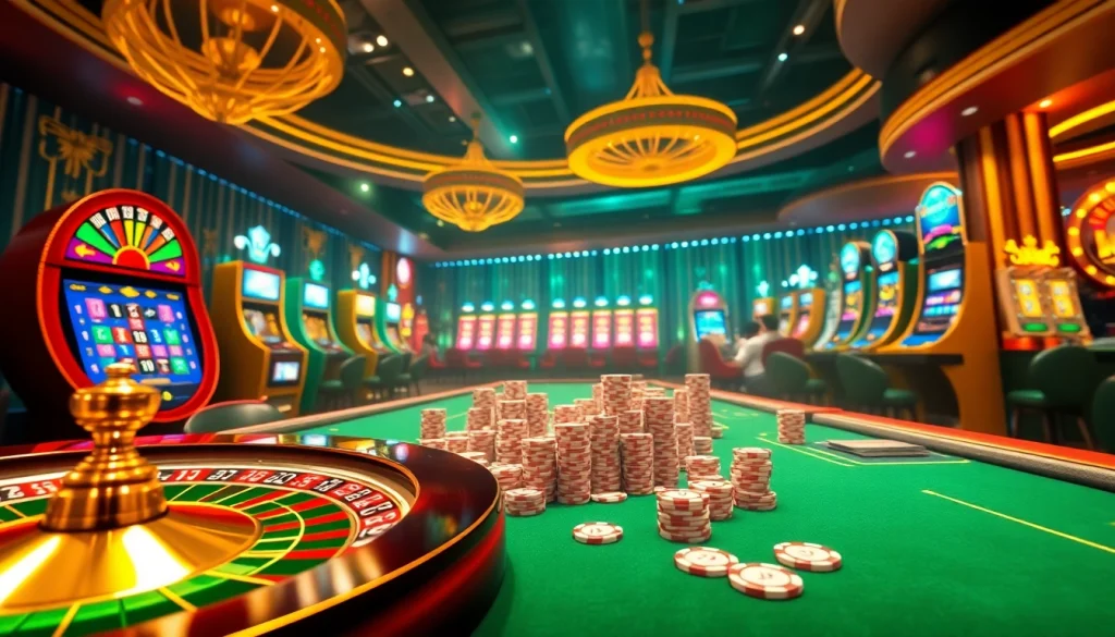 Experience the excitement of gaming at https://tx88.link/ with vibrant visuals of roulette and poker chips in a luxurious casino setting.