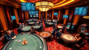 Experience the excitement of trang chủ 8kbet in a luxurious casino with vibrant gaming tables and players.