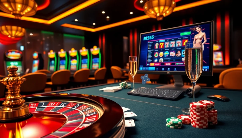Dynamic view of nhà cái bl555 online gaming interface with roulette wheel and poker cards in a luxurious casino.