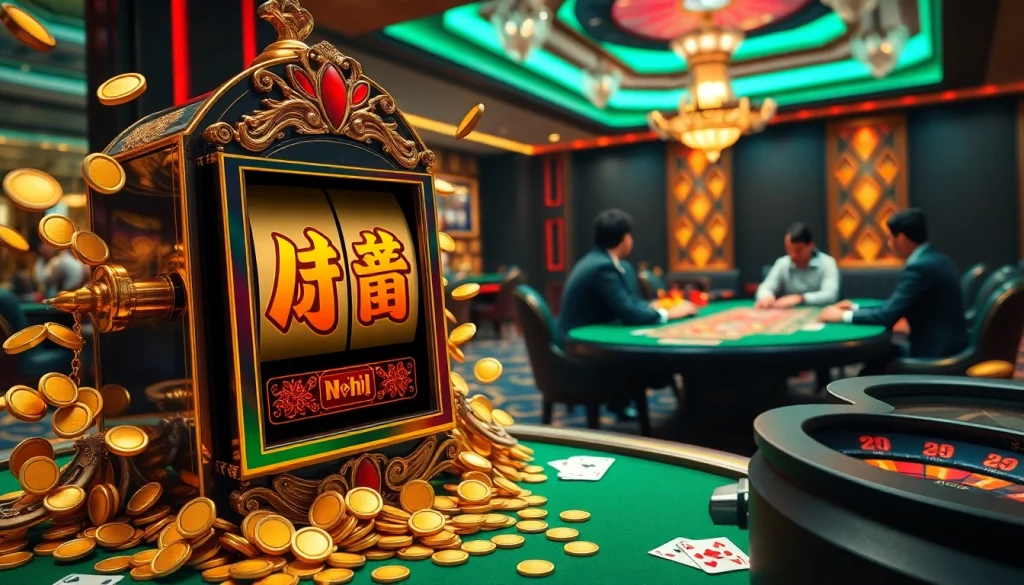 Nổ hũ slot machine illuminating a luxurious casino atmosphere with gold coins cascading around.
