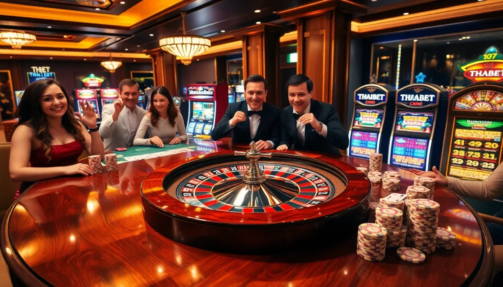 Players enjoying a thrilling wager at THABET's luxurious casino table featuring vibrant chips and cards.