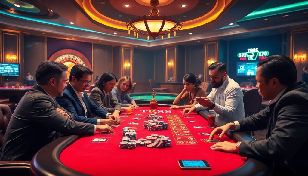 Players strategizing at a TR88-themed poker table in an exciting casino atmosphere.