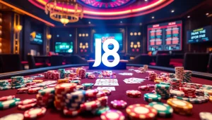 Experience the thrilling J8 gambling atmosphere with vibrant poker chips and cards at the table.