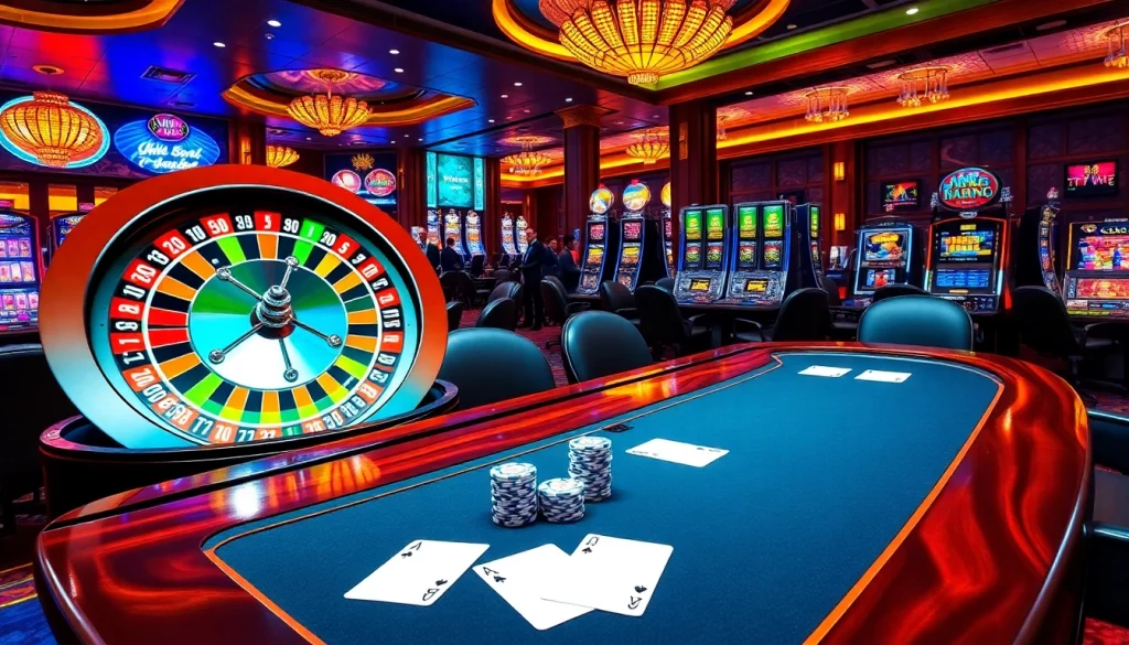 Players enjoying high-stakes games at Nhà Cái LV88 casino, showcasing vibrant roulette and poker tables.