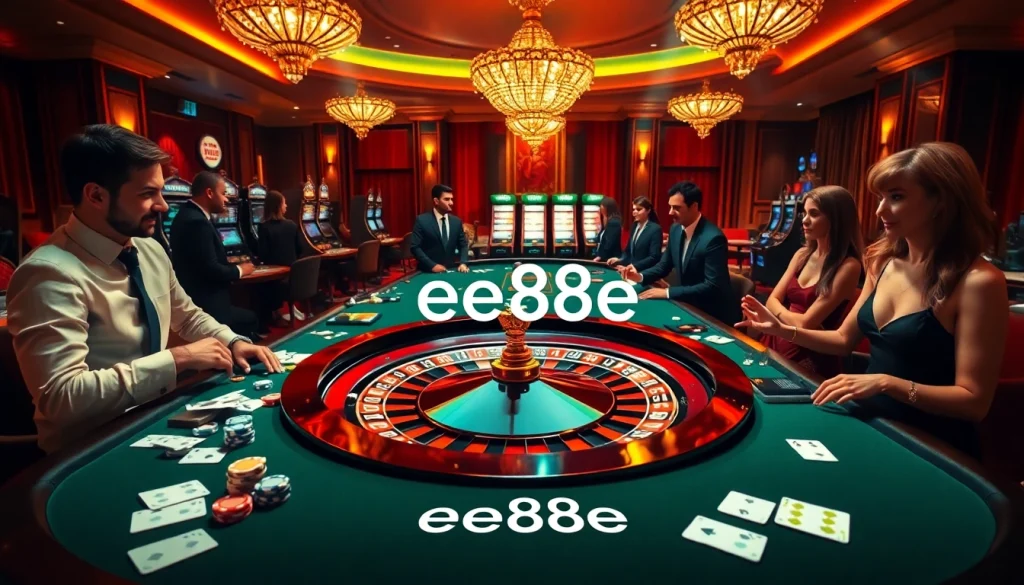 Engaging casino scene with players and dealers at ee88e roulette table, showcasing excitement and luxury.
