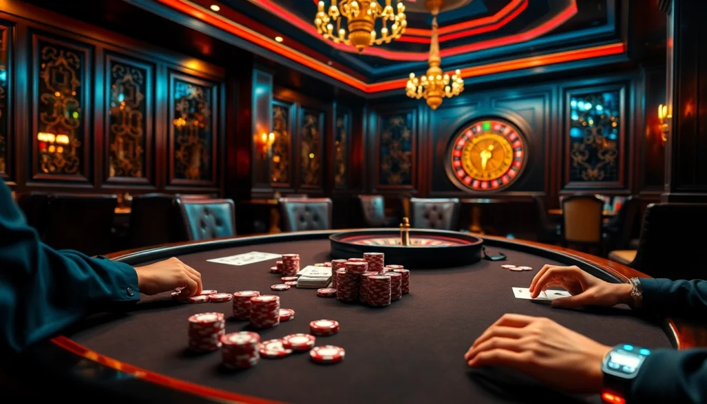 MMOO table surrounded by excited players enjoying high-stakes poker and vibrant casino decor.