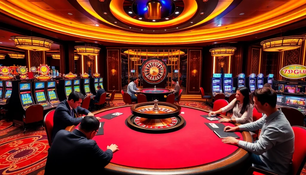 Players strategizing at a poker table in a luxurious casino at https://789club.quest/ amidst exciting slot machines.