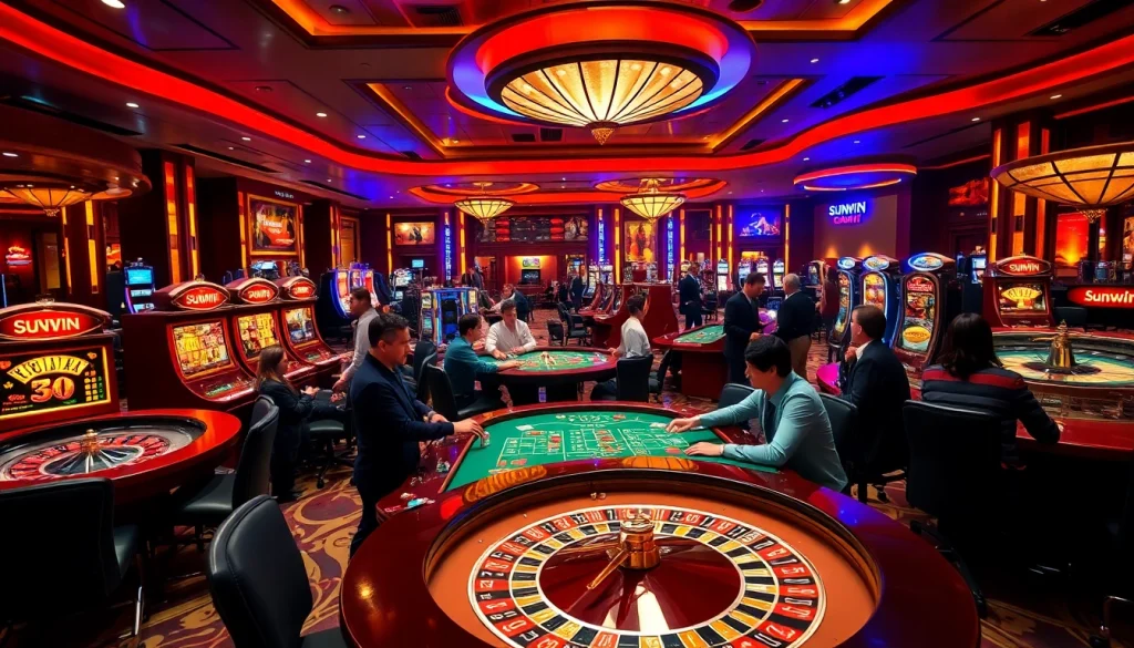 Sunwin casino players enjoying high-stakes gaming at vibrant tables, rich in excitement.