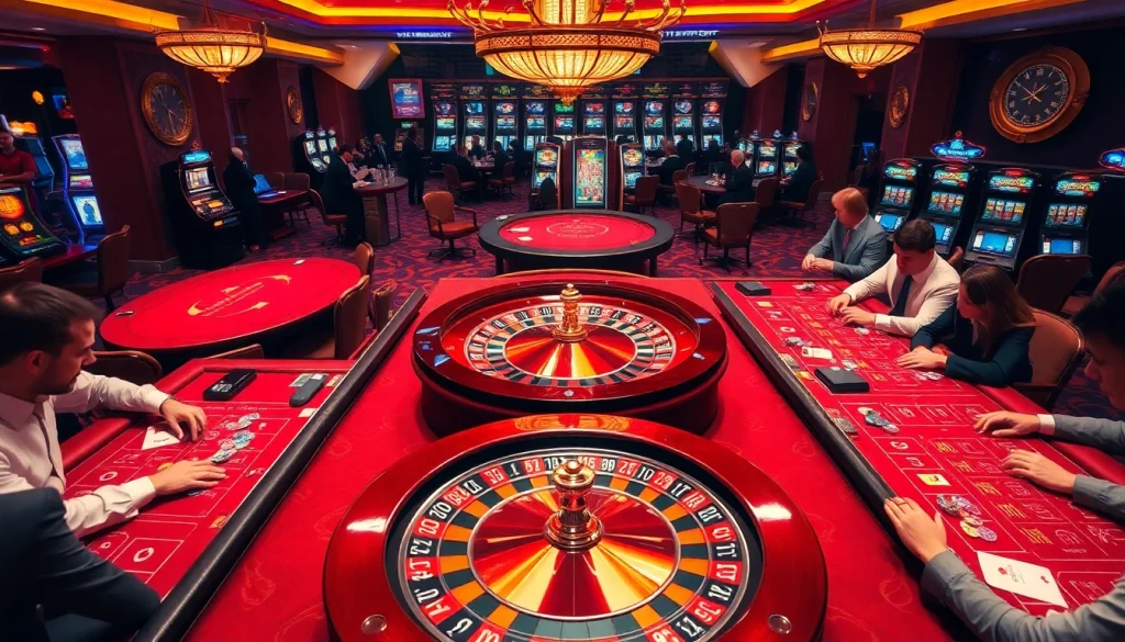 Engaging game action at the casino with https://kk55.blue/ poker tables and roulette wheels.