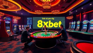 Engaging players at a live casino with "link vào 8xbet" showcased for a thrilling gambling experience.
