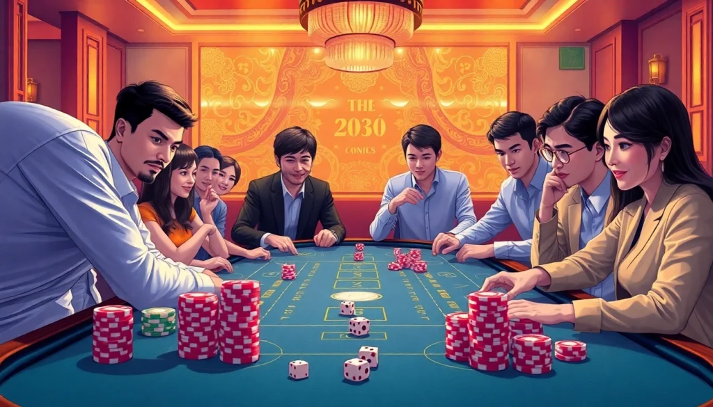 Experience the excitement of xóc đĩa online with vibrant graphics of players betting on a virtual table.