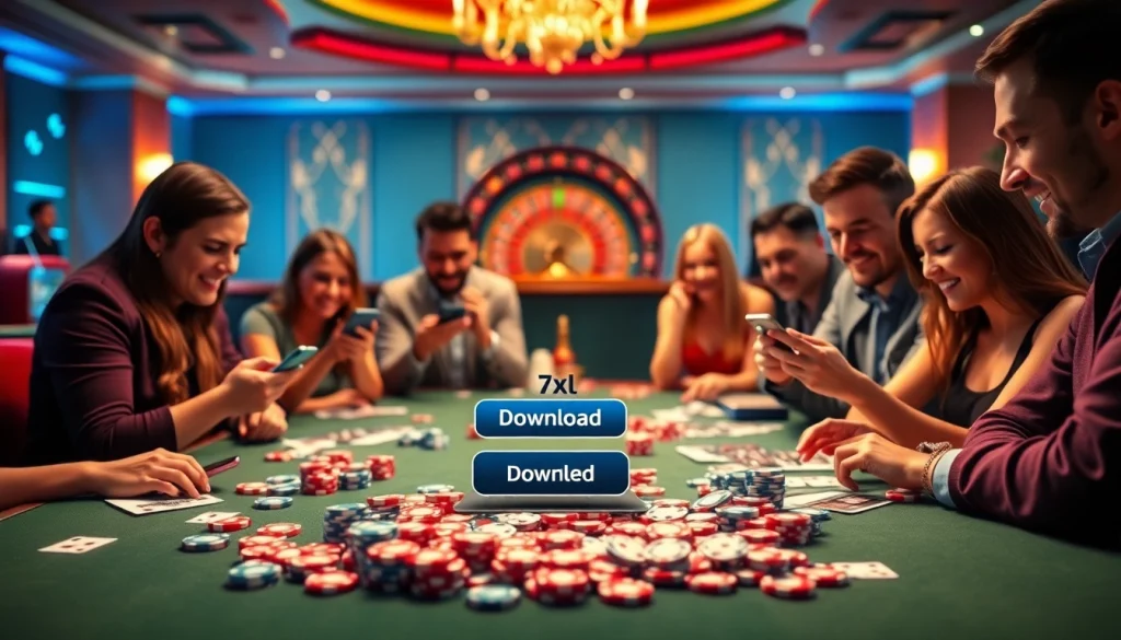 סצנת הימורים מקוונים תוססת של 7xl להורדה, המדגישה התרגשות וקהילה כאשר שחקנים מעורבים סביב ממשקי משחק.