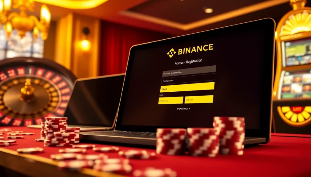 Engage in Binance membership sign-up on a luxurious casino-themed setup featuring poker chips and a roulette wheel.