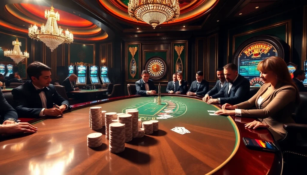 Players engaging in high-stakes poker at a luxurious hm88. com casino with rich ambiance.