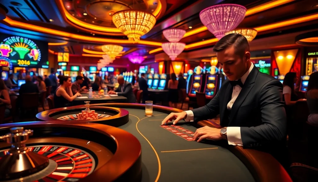 Experience excitement at https://kuwinblog.com/ with a live casino dealer in action, surrounded by vibrant gaming elements.