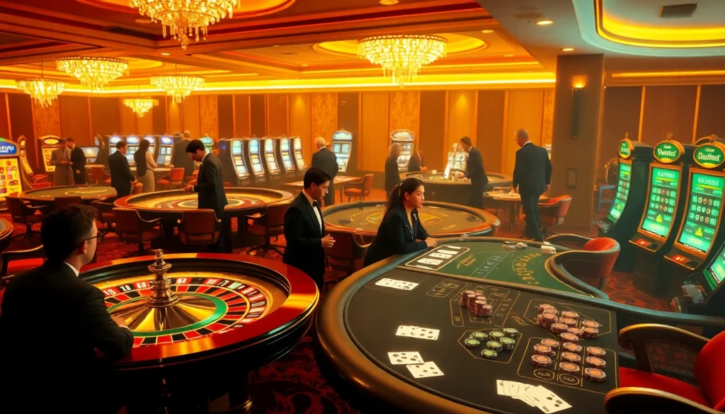 Engaged players experiencing the thrill of casino games at VJ88's luxurious tables.