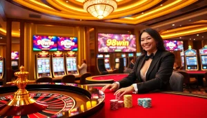 Players enjoying gaming action at a casino featuring app 98win promotions and vibrant slot machines.