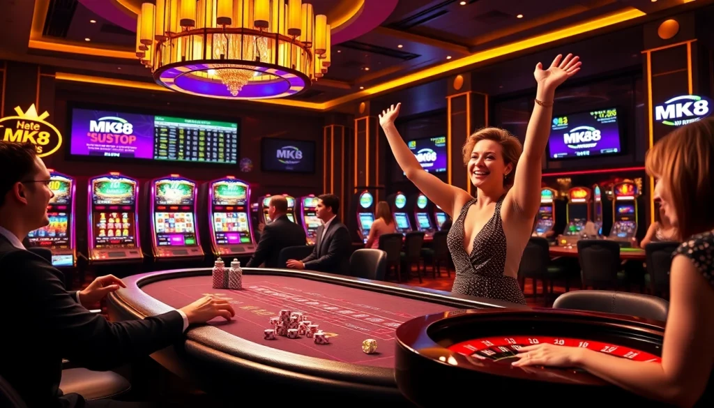 MK8 players celebrating a big win at a luxurious online casino with thrilling gaming atmosphere.